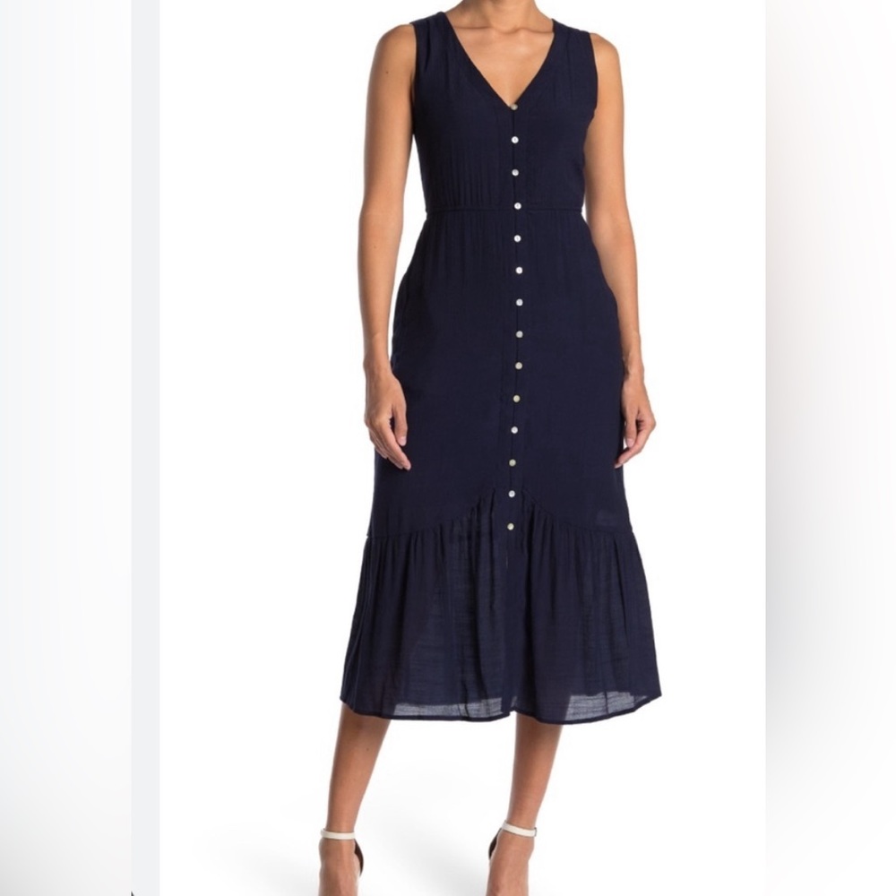 NWT NANETTE LEPORE Size 12 Navy Slub Button Front Long Dress